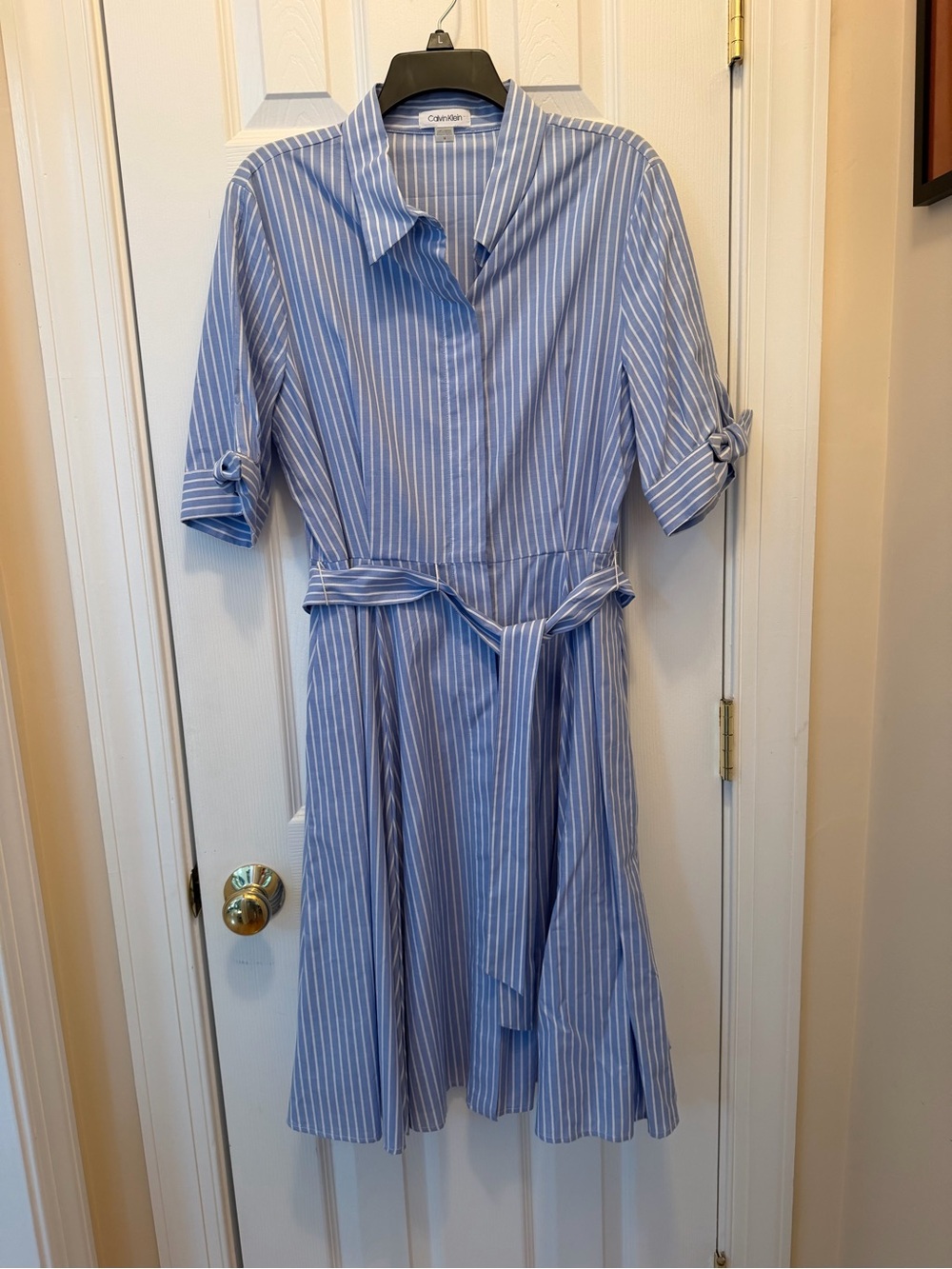 Calvin Klein Light Blue and White Striped Midi Shirt Dress